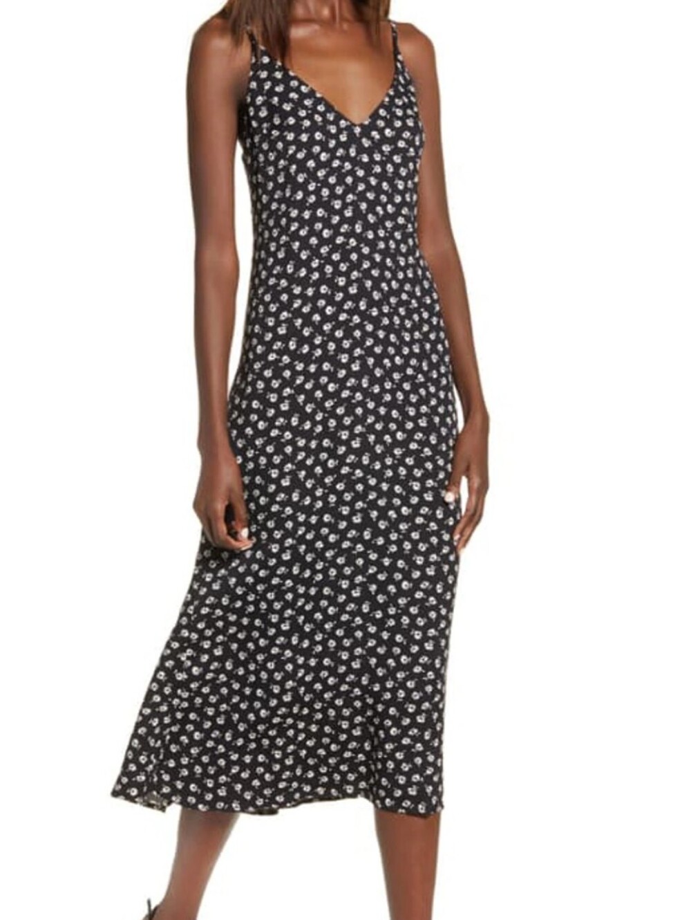 Reformation Black Midi Slip Dress with White Flowers, Spaghetti Straps